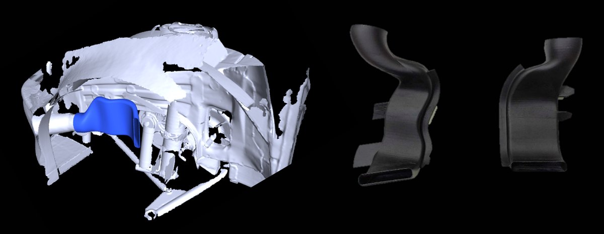 3D scan of a vehicle installation with the new duct designed in place (blue), next to the produced carbon-fiber ducts.