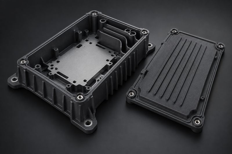 Concept render of an engineering polymer electronics housing with its lid removed.