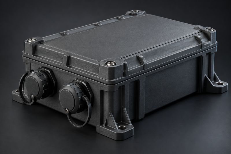 Concept render of a rugged industrial electronics enclosure.