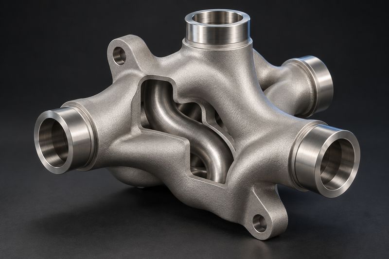 Concept render of a metal manifold with curved passages.